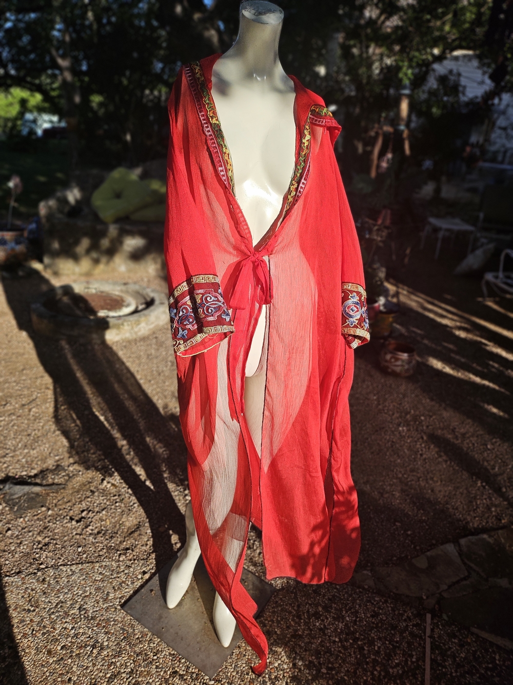 Y-DO Clothing Red Sheer Maxi Tie Front Hooded Cover Up Robe OS